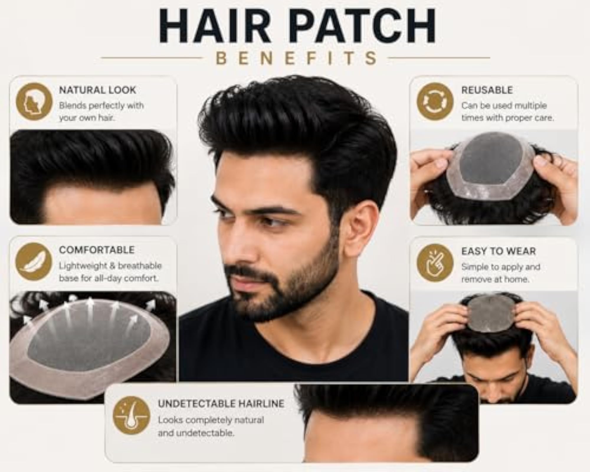 Men's 100% Human Hair Toupee, Silk Base Hair Patch